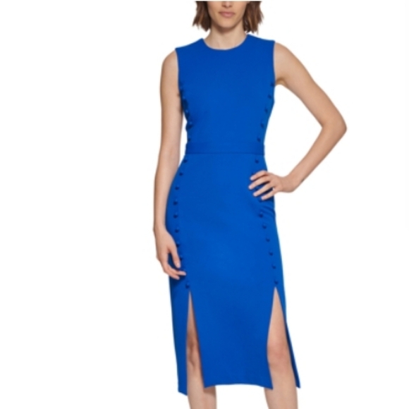 Calvin Klein Sheath Midi Dress Button-Trim Details Side-Slit Cobalt Blue Sz 8 - Picture 1 of 16